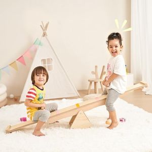 2 in 1 Teeter Totter Seesaw & Balance Beam, Stepping Stones for kids, Rocking & Coordination Fun for 2 Toddlers or Kids, Montessori Toy Wooden Gym Equipment for Indoor Outdoor Use, Gift for Kids
