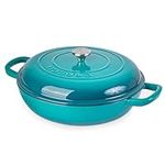 Shallow Cast Iron Casserole with Lid – Non Stick Dutch Oven Pot, Oven Safe up to 500° F – Sturdy Ovenproof Stockpot Cookware – Enamelled Cooking Pot – Teal, 5-Quart, 32cm – by Nuovva