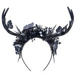 MOSTORY Handmade Black Deer Antlers Headband Gothic Reindeer Horns Elf Crown Headpiece Dark Butterfly Fairy Hair Wreath for Women Womens Halloween Cosplay Carnival Wedding Bridal Party Black