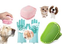 Combo of 3 pcs Silicone dog bathing hand gloves (Pair) & Pet Dog Bath Brush Soft Silicone Shampoo Massage Brush, Hair Fur Grooming Cleaning Brush Daily Uses Soft Shampoo Dispenser For Dogs Cats Rabbit