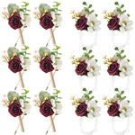 12 Pcs Wedding Wrist Corsage and Boutonniere Set Rose Wrist Corsage for Prom Boutonniere for Men Wedding Flowers Accessories Prom Suit Decorations for Wedding Ceremony Anniversary (Red)