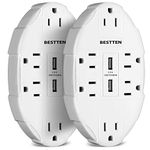 [2 Pack] BESTTEN Wall Mount Outlet Surge Protector with Dual USB Charging Ports and 6 Spaced Outlets, Compact Design, 15A/125V/1875W, ETL/cETL Certified, White