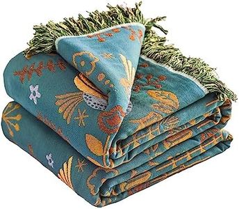 VANJOROY Boho Large Throw Blanket for Bed, 100% Organic Cotton Soft Breathable Throw-Floral Bird Rustic Decor Blanket for Couch Sofa Quilt and Gift, 60" x 80"-Teal/Beige