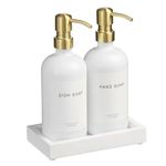 Glass Soap Dispenser with Pump and Concrete Tray | Vintage Soap Dispenser Bathroom and Kitchen Set with Dish Soap, Hand Soap, Lotion Waterproof Labels (White Gold/White Tary)