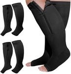 Hillban 2 Pair Plus Size Calf Zipper Compression Socks 15 to 25 Mmhg Open Toe Compression Stockings for Overweight Women Men, Black, 4XL