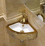 Ceramic Wall Hung/Wall Mount/Table Top Corner Basin 14 x 14 Inch Glossy Finish/Wall Hung/Corner Wall Mounted Bathroom Sink/Designer Golden White Color