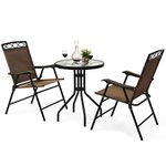 S AFSTAR 3-Piece Bistro Set, Patio Dining Furniture Set, Round Textured Glass Tabletop w/Umbrella Hole, Outdoor Conversation Set for Backyard Garden Poolside