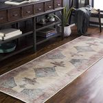 Hauteloom Minety Traditional Hallway Kitchen Runner Rug - Machine Washable - Vintage Distressed Faded - Bohemian Boho Medallion - Pale Blue, Red, Beige, Cream, Light Brown - 2'7" x 7'10"