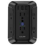 Surge Protector, Outlet Extender, CELISY USB Wall Charger with 6 Widely Outlets 3 USB Charging Ports(1 USB C), 3-Sided 1800J Power Bar, Multi Plug Outlets Wall Adapter for Home Travel Office, Black