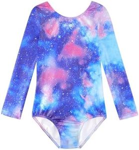 HOZIY Gymnastics Leotards for Girls Long Sleeve Size 8-9 8-10 Years Toddlers Pink Purple Blue Galaxy Cloud Sleeved Kids Leo Tumbling Outfits Sparkle Space Galaxy