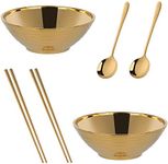 Ramen Noodle Soup Bowl,2 Sets Double Layer 18/8 Stainless Steel Bowl(7.09 inch), with Matching Spoon and Chopsticks by Buy THINGS!（Gold）