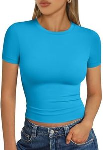 Trendy Queen Womens Basic T Shirts Scoop Neck Short Sleeve Crop Tops Slim Fit Summer Tees Y2k Clothing 2025 Blue XL