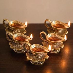 LoveNspire Brass Finish Lotus Diya - Lightweight Aluminum Oil Lamp for Home Pooja Room, Indian Mandir Decor, Diwali & Housewarming Return Gifts 5 Pcs