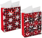 RACHELLE'S Plaid Christmas Gift Bags (Medium, 13"x10"x4") - 2 Pack Sturdy Paper Gift Bags with Tissue Paper, Tag and Handle - Ideal Party Favors and Gifting this Christmas Holiday Season