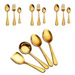 AXIOM Stainless Steel Golden Cutlery & Flatware Serving Set of 22 Pieces. Premium Tableware Spoon & Fork Dinner, Tea & Dessert Spoons for 6 with Ladle karchi, Rice & Serving Spoon Hammered Finish