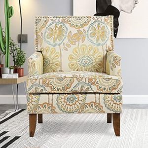 Vaztrlus Floral Accent Sofa Chair Wingback Sofa Chair Comfy Club Chair Pattern Single Chair Upholstered Reading Arm Chairs for Living Room Bedroom (Beige Yellow)