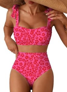 Herseas Women's Tie Shoulder Bikini Sets 2 Piece Striped Swimsuits High Waisted Bathing Suits