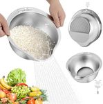 Rice Washer Strainer Bowl with 2 Hooks Stainless Steel Rice Washing Bowl with Side Drainer Versatile Kitchen Colander Water Filtering Vegetable Cleaning Basket for Cleaning Grain Fruit Vegetable