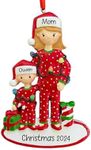 UniqXmas Personalized Single Mom with 1 Child Christmas Ornament 2024 - Free Customization | Custom Mother & Kid in Red Pajama for Xmas Tree | Customized Unique Keepsake Gift - Custom Name & Year