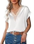 Zeagoo Summer Women's Lace V Neck T-Shirt Silky Blouse Loose Tunic Tops Business Evening Top White M