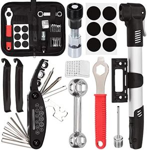 Swpeet 11Pcs Bike Repair Tool Kit, Reversible Drive Ratchet Tool, 16 in 1 Multi Tool, Crank Extractor and Spanner, Bicycle Air Pump, Repair Tool Accessories Set with Store Bag for Road Mountain Bike