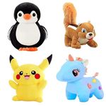 Future Shop Pack of 4 Soft Toys: Pikachu, Squirrel, Blue Unicorn & Black Penguin| Perfect for Kids, Playtime, and Room Decor