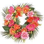 I-GURU Spring Wreath for Front Door, 18 Inch Green Leaves Dahlia Orange Flowers Door Wreaths Hydrangeas for Summer All Seasons Farmhouse Indoor Outside Wall Window Decor