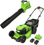 Greenworks 48V 21" Brushless Cordless Self-Propelled Electric Lawn Mower, Leaf Blower, (2) 5.0Ah Batteries and Rapid Charger