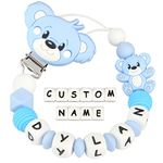 Dummy Clips Personalised Name for Boys Girls Soother Chain Teddy Bear Customized Pacifier Holder(Light Blue)