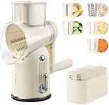 Navaris Rotary Cheese Grater w/ 5 Blades - Kitchen Vegetable Shredder for Cabbage, Carrot, Coleslaw, Cucumber - Handheld Food Slicer Graters - Retro Design with Storage Box, Cream