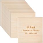 24 Pack Basswood Sheets for Crafts-10 x 10 x 1/16 Inch- 2mm Thick Plywood Sheets with Smooth Surfaces-Unfinished Squares Wood Boards for Laser Cutting, Wood Burning, Architectural Models, Staining