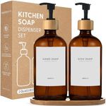 MaisoNovo Soap Dispensers 3-Piece Set | Bathroom Soap Dispenser | Kitchen Soap Dispenser Set | 16.9oz Amber Bottles with Black Pumps Set of 2 with Tray