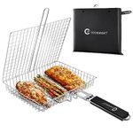 JY COOKMENT Grill Basket Stainless Steel with Portable Removable Handle, Grilling Basket-BBQ Accessories for Vegetable, Shrimp, Fish, Steak and Outdoor Use-Dishwasher Safe