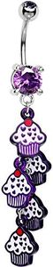 BodyJewelryOnline Dangle-Style Belly Button Ring, 5 Purple/White Enamel Cupcakes, Prong-Set Purple CZ Gem, 14 Gauge Barbell Shaft, 3/8"(10 mm) Overall Length, 316L Surgical Steel, Hypoallergenic
