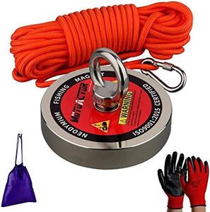 Mutuactor Aimant de pêche néodyme Pull-Force de 500kg, aimant puissant de rappel N52 avec corde durable 15m, gants et sac de transport, aimant de magnétique robuste pour la chasse au trésor