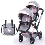 Bayer Design - Twin Dolls Pram Xeo Grey Pink Butterfly - Carriage, Stroller, Height-Adjustable, Reversible Handle with Bag - Dolls Up to 18” - Age 3+ - 26733AA