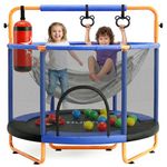 Hurtle Kids Trampoline 55 Inch with Enclosure Indoor Outdoor – Toddler Trampoline with Swing, Gymnastic Rings, Boxing Bag, Adjustable Bar 54kg Capacity for Age 3+, Blue/Orange