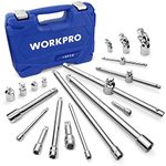 WORKPRO 19-Piece Drive Tool Accessory Set, Includes Socket Adapters, Extensions Set, Universal Joints and Sliding Bar T-handle Wrench, 1/4" 3/8” & 1/2” Drive, Chrome Vanadium Steel with Mirror Finish