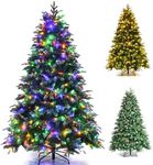 GYMAX 5FT/6FT/7FT Pre-Lit Artificial Christmas Tree, Hinged Xmas Tree with 581/899/1315 Branch Tips, 250/350/450 LED Lights, Pine Cones & Red Berries, 11 Lighting Modes, Holiday Decor Tree (7FT)