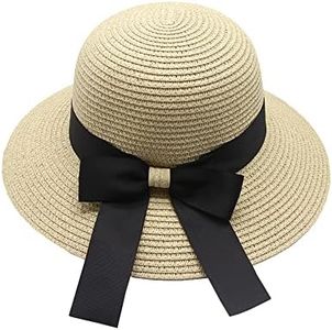 Women Foldable Bowknot Hat Wide Brim Straw Hat Floppy Summer Sun Cap UV Protection Beach Cap Sun Visor Hat for Travel Vacation Beige