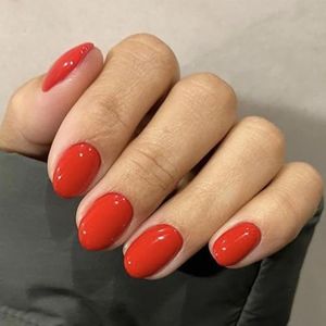 modelones Short Press on Nails, 32Pcs 16 Sizes Oval Fake Nails with Nail Glue, Adhesive Tabs, Nail File, Prep Pad, Manicure Stick, Real Red