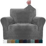 MAXIJIN Thick Velvet Chair Covers for Armchairs Super Stretch Non Slip Sofa Cover 1 Seater Dogs Cat Pet Living Room 1-Piece Elastic Couch Protector Chair Slipcover with Arms (1 Seater, Grey)