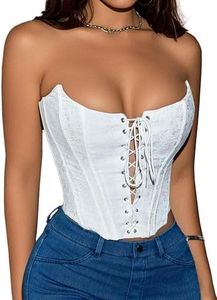 Benfoly White Corset Tops for Women Strapless Backless Lace-Up Bustier Crop Tank Top Sleeveless Sexy Summer Going Out Top Y2K