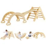 Maxmass Kids Climbing Triangle Set, 3-in-1 Toddler Climber with Ladder, Reversible Ramp & Arch, Wooden Climbing Playground for Indoor & Outdoor (Natural)