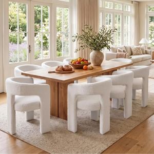 QUINJAY Modern Sherpa Dining Chairs Set of 8, Upholstered Barrel Chairs with Arms Comfy Accent Side Chairs for Living Room/Dining Room/Reception, White