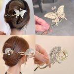 2 Pcs Fan and Butterfly Hair Clip, Pearl Rhinestone Hair Claws French Style Twist Hair Barrette Non Slip Jaw Banana Hair Accessories for Women Girls-075