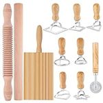 Pasta Making Tool Set of 11, Ravioli Maker Cutter Stamp Set, 1 Pasta Cutter Wheel with 1 Dough Roller, 1 Wood Gnocchi Board with 1 Ravioli Rolling Pin, Pasta Maker Tools for Lasagna, Pierogi