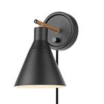 Globe Electric 51725 Tristan 1-Light Dimmable Plug-in or Hardwire Wall Sconce, Matte, Faux Walnut Accent, Stepless Dimming Rotary Switch on Canopy, Black Fabric Cord