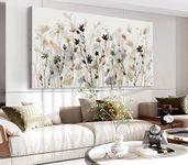 Abstract Floral Canvas Wall Art Grey Cream White Grass Flowers Canvas Pictures Modern Landscape Painting Botanic Artwork for Living Room Bedroom Kitchen Office Wall Decor Framed Ready to Hang 50×100CM