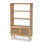 Baxton Studio Faulkner Mid-Century Modern Natural Brown Finished Wood Beige and Rattan 2-Door Bookcase